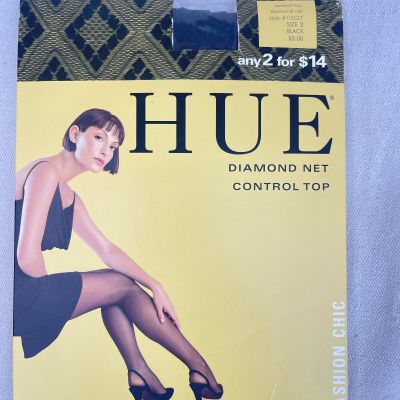 HUE Diamond Net Control Top PANTYHOSE Size 2 BLACK Style #10537 Nylons Stockings